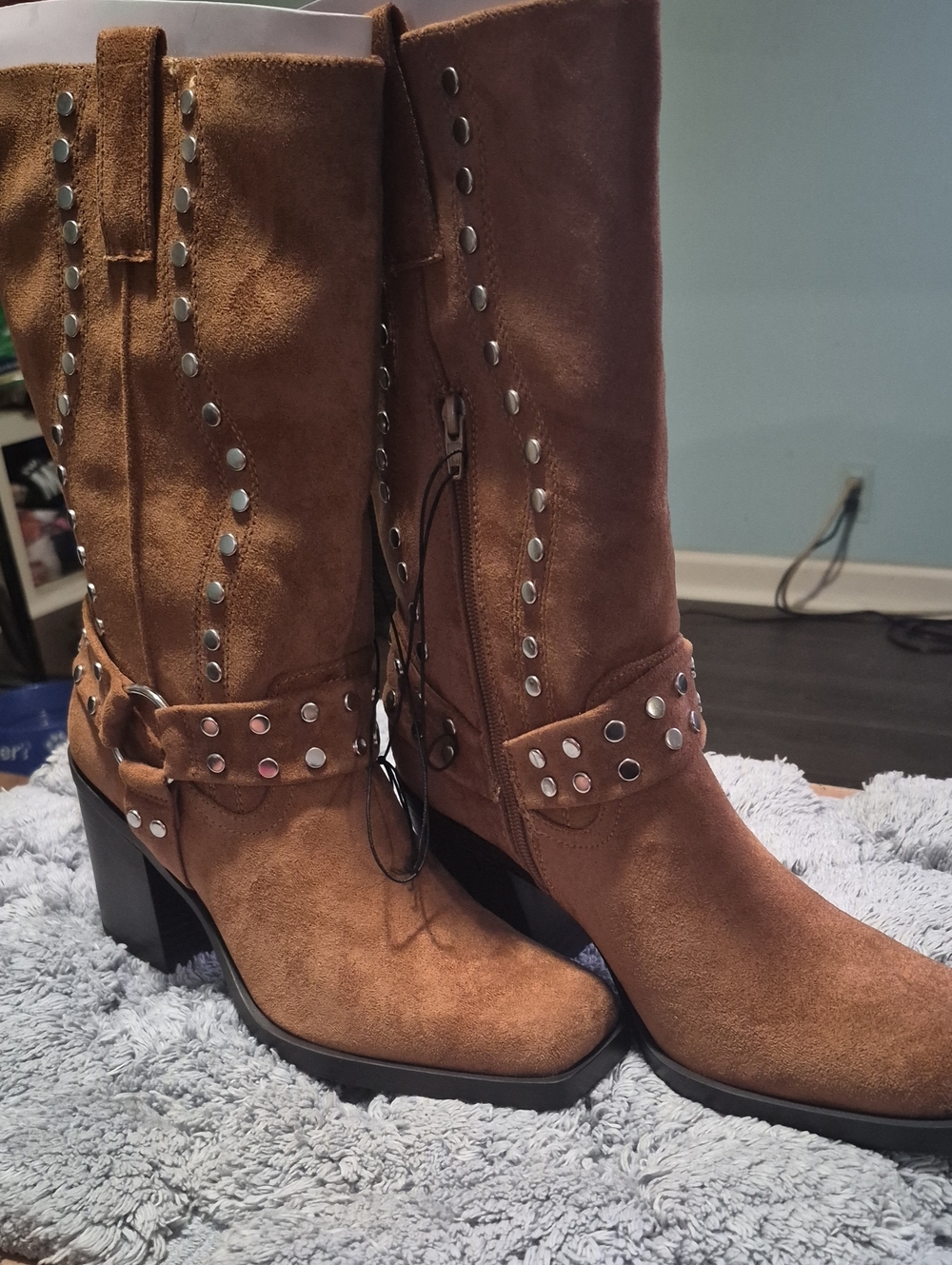 Studded Suede Mid-Calf Heeled Boots in Brown